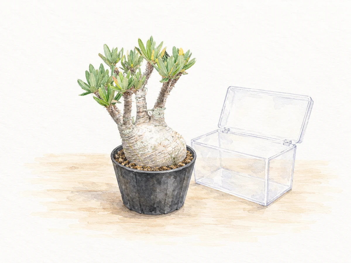 鉢植えの塊根植物とふたを開けた透明ケースの水彩