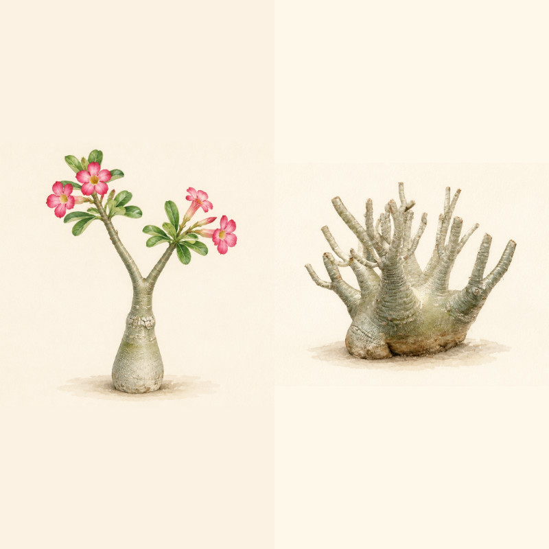 花付きオベスムと剪定枝のアラビクムを並べた水彩イラスト（別株・縮尺不同）