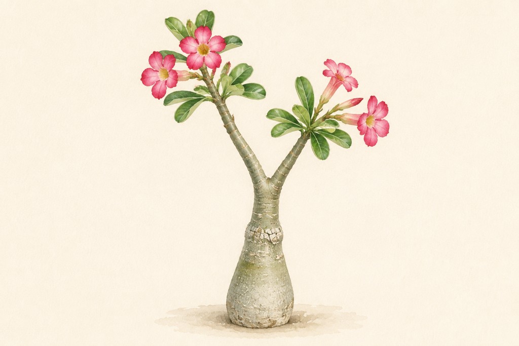 ふくらんだ株元から枝が二方向へ伸び、ピンクの花と緑の葉を付けたオベスムの水彩イラスト