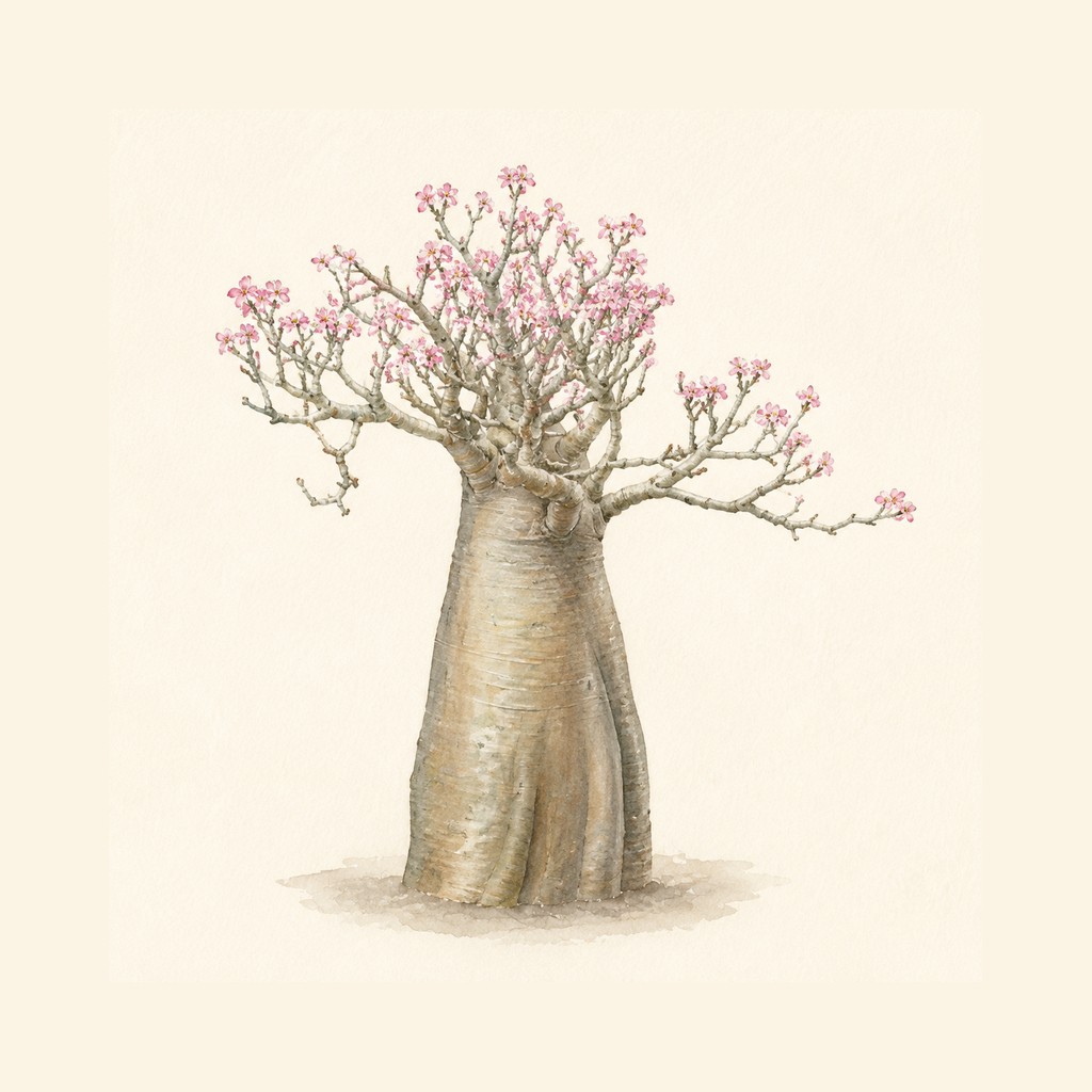 高い瓶状の幹と、枝先に淡い花を付けた参照株を描いた水彩イラスト