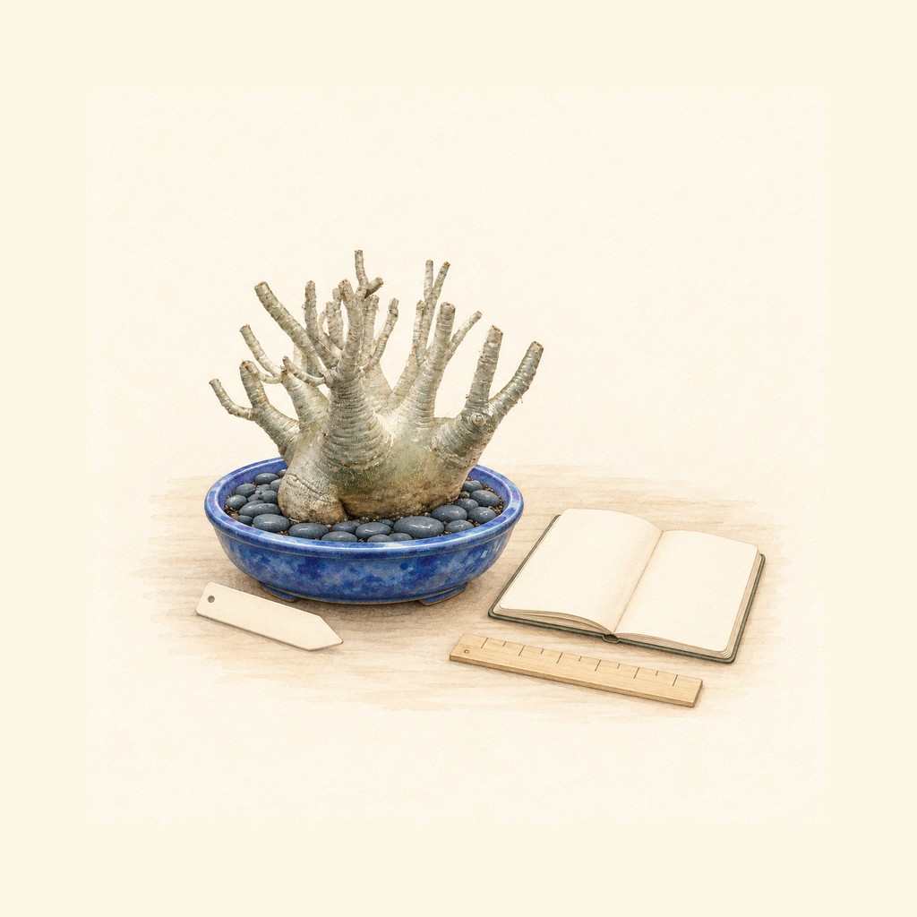 アラビクムの鉢植えと、株名・植え替え日・作業内容の記録に使う名札とノートを並べた水彩イラスト
