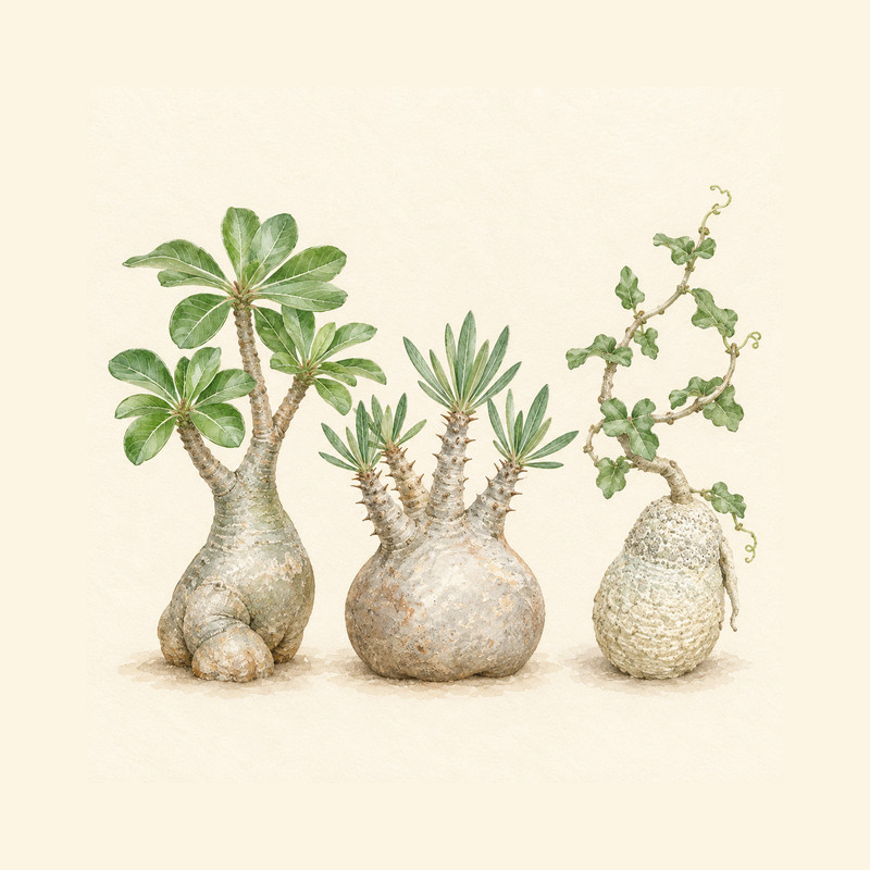 初心者向け塊根植物10選の水彩イラスト（生成イラスト・実在個体の写真ではありません）