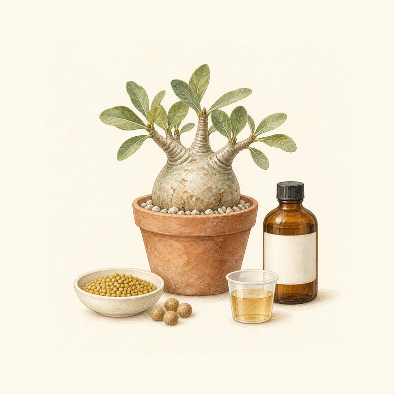 塊根植物の肥料ガイドの水彩イラスト（生成イラスト・実在個体の写真ではありません）