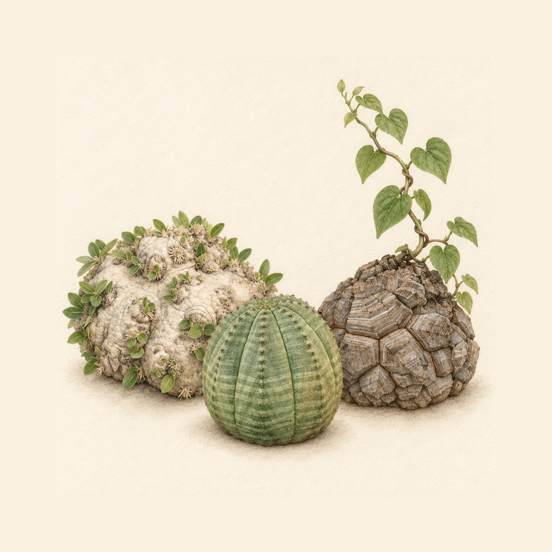 塊根植物の見分け方の水彩イラスト（生成イラスト・実在個体の写真ではありません）