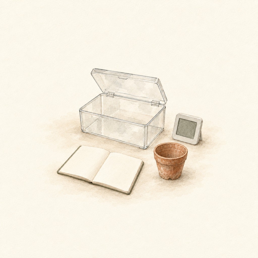 ふたを開けた透明ケースと空の素焼き鉢、無表示の温湿度計、記録ノートを描いた水彩