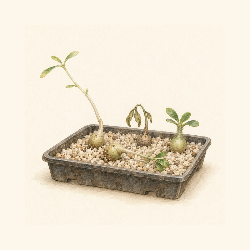 塊根植物の実生トラブルの水彩イラスト（生成イラスト・実在個体の写真ではありません）