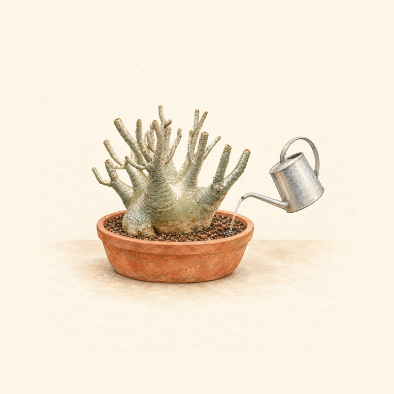 塊根植物の水やり完全ガイドの水彩イラスト（生成イラスト・実在個体の写真ではありません）