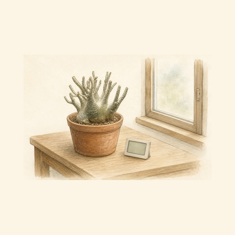 塊根植物の冬越し完全ガイドの水彩イラスト（生成イラスト・実在個体の写真ではありません）