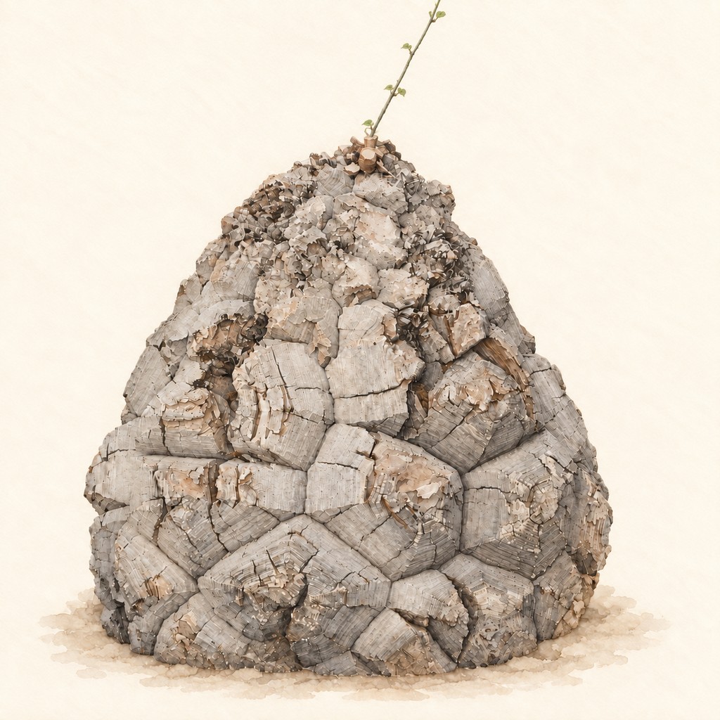 アフリカ亀甲竜一株の塊根表面と、上端へ続くつるを描いた参照水彩の部分図