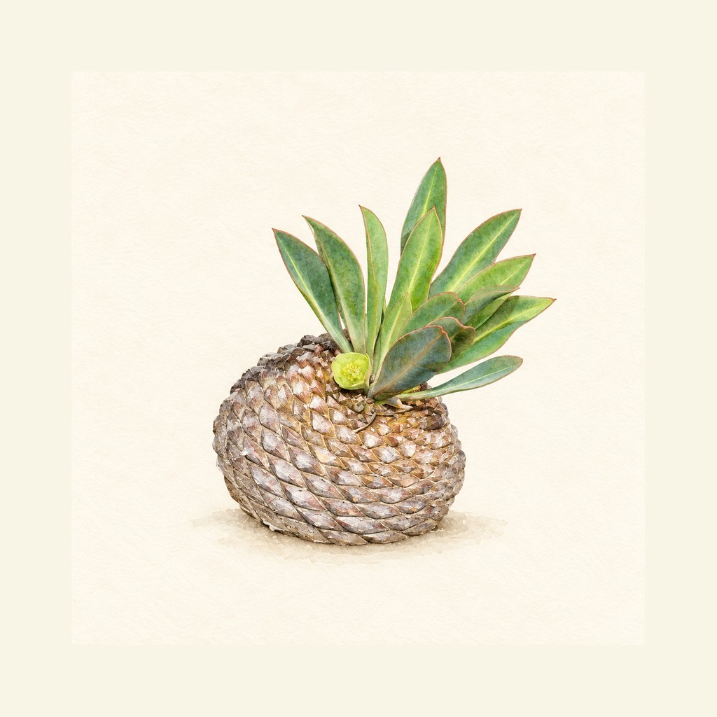 うろこ状の模様を持つ幹、上部の葉、小さな花序を描いた鉄甲丸一株の参照水彩