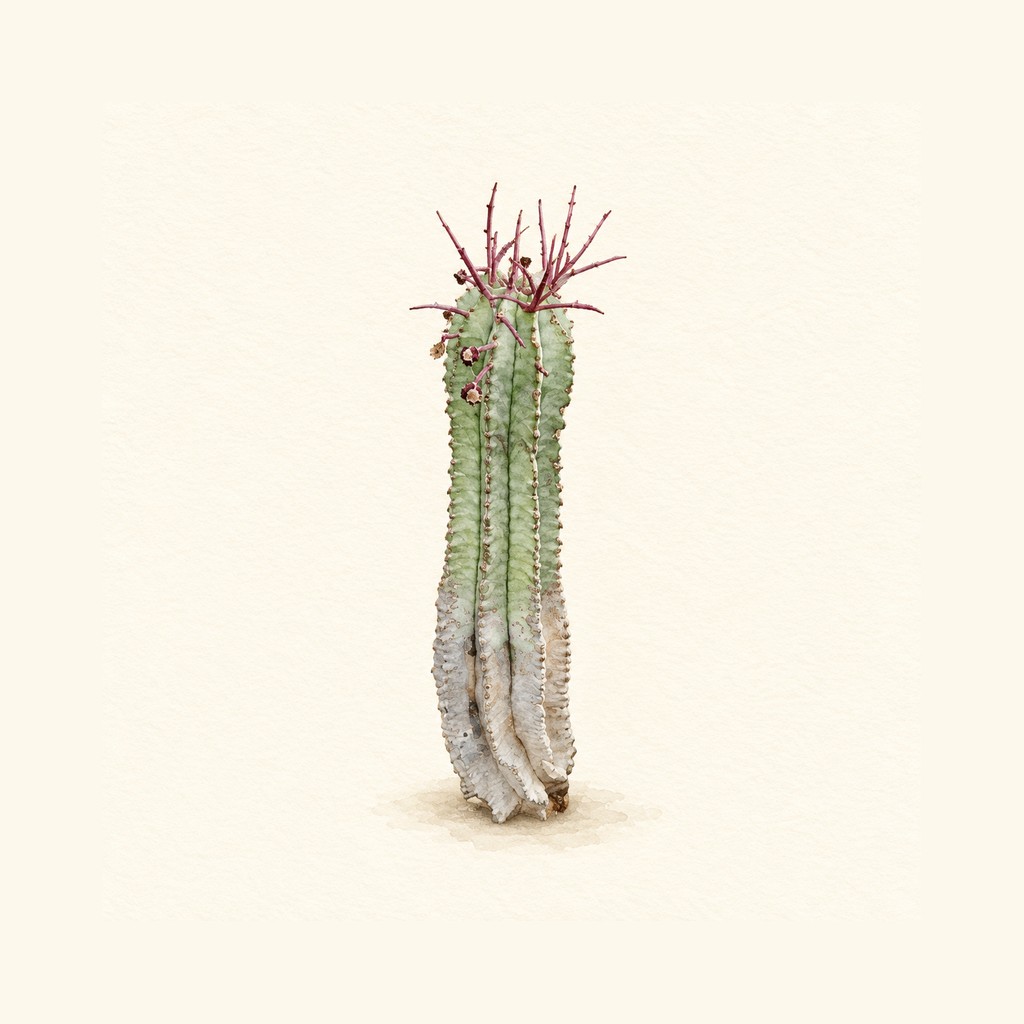 細長い稜のある灰緑色の茎と、頂部に赤紫色の花柄を持つ参照株を描いた水彩イラスト