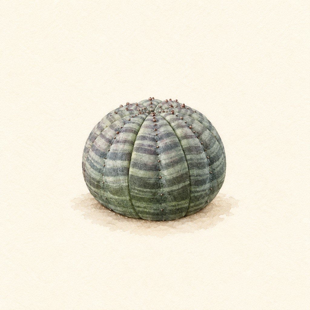 丸みのある幹に稜と縞が走るオベサ成株一株の参照水彩。種子や実生苗は描いていない