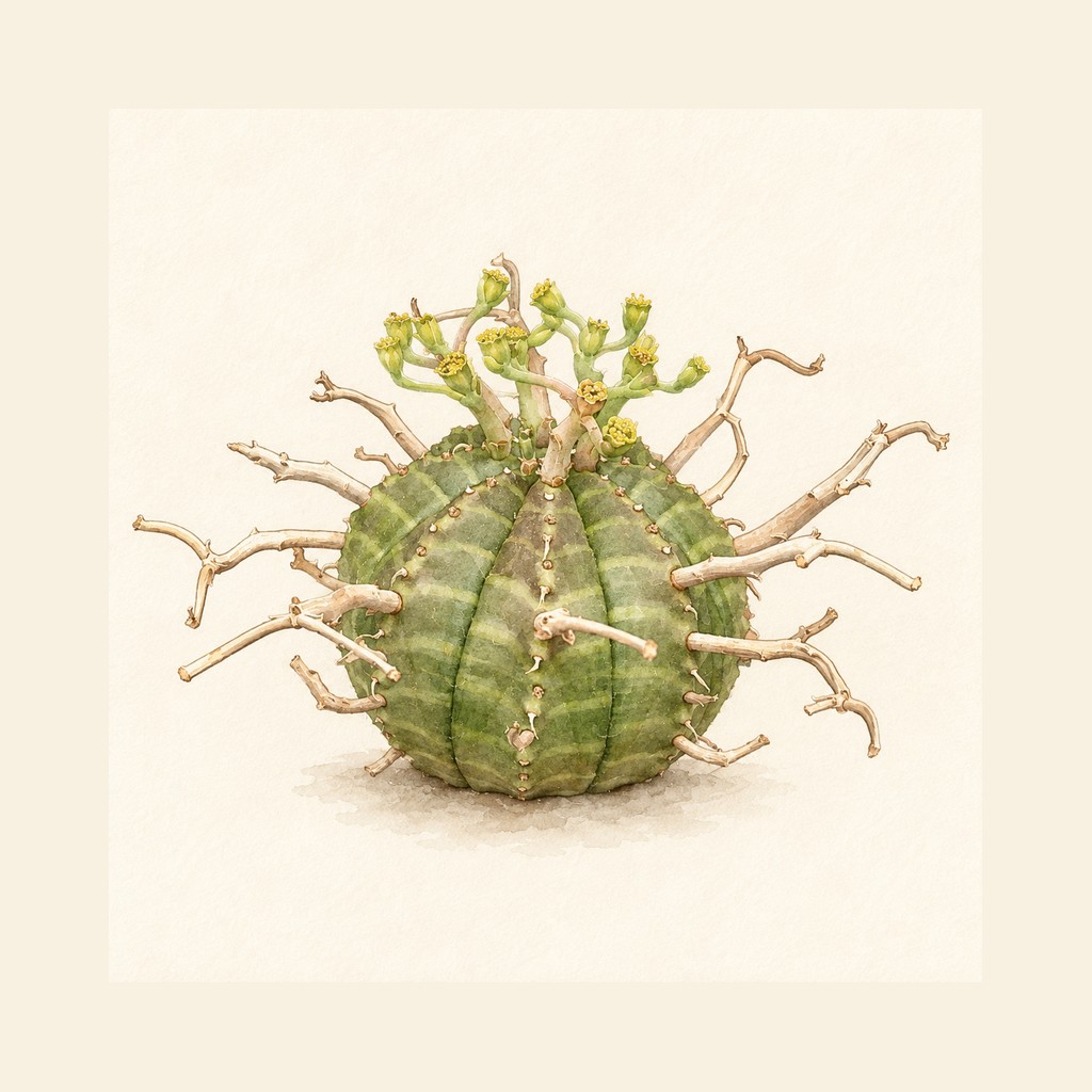 稜と縞のある丸い体に淡褐色の柄が残り、上部に緑色の花序が見えるバリダ一株の参照水彩