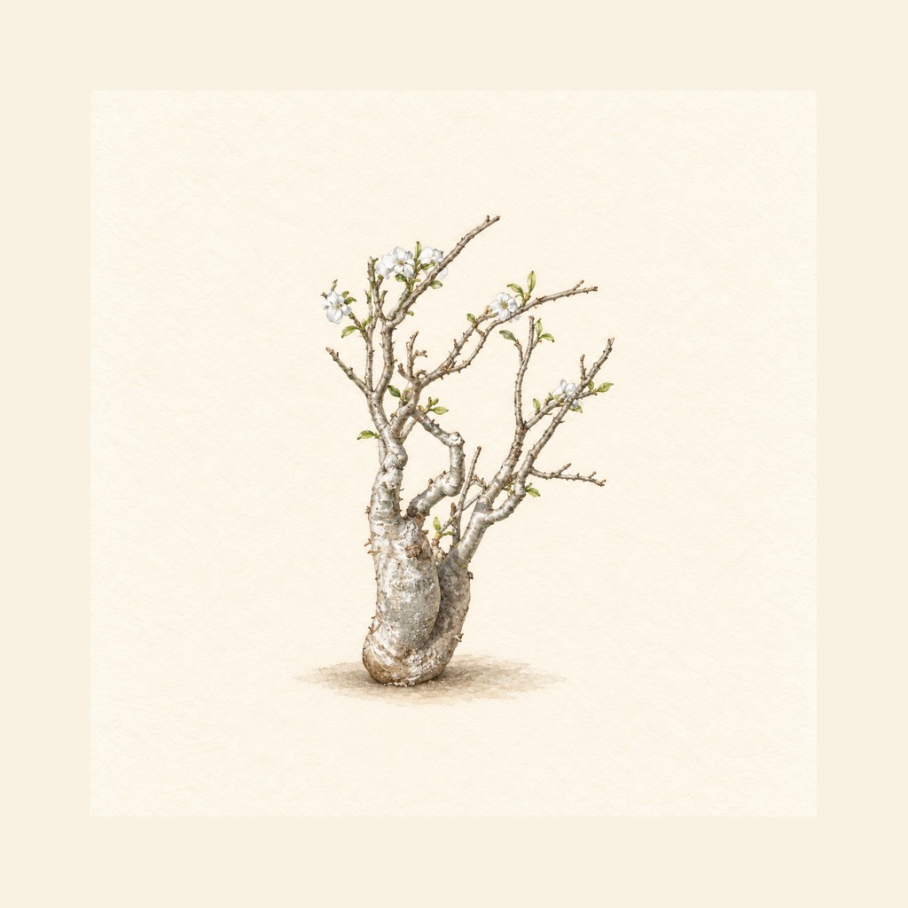 太い幹から曲がる枝と、白い花を付けた参照株を描いた水彩イラスト
