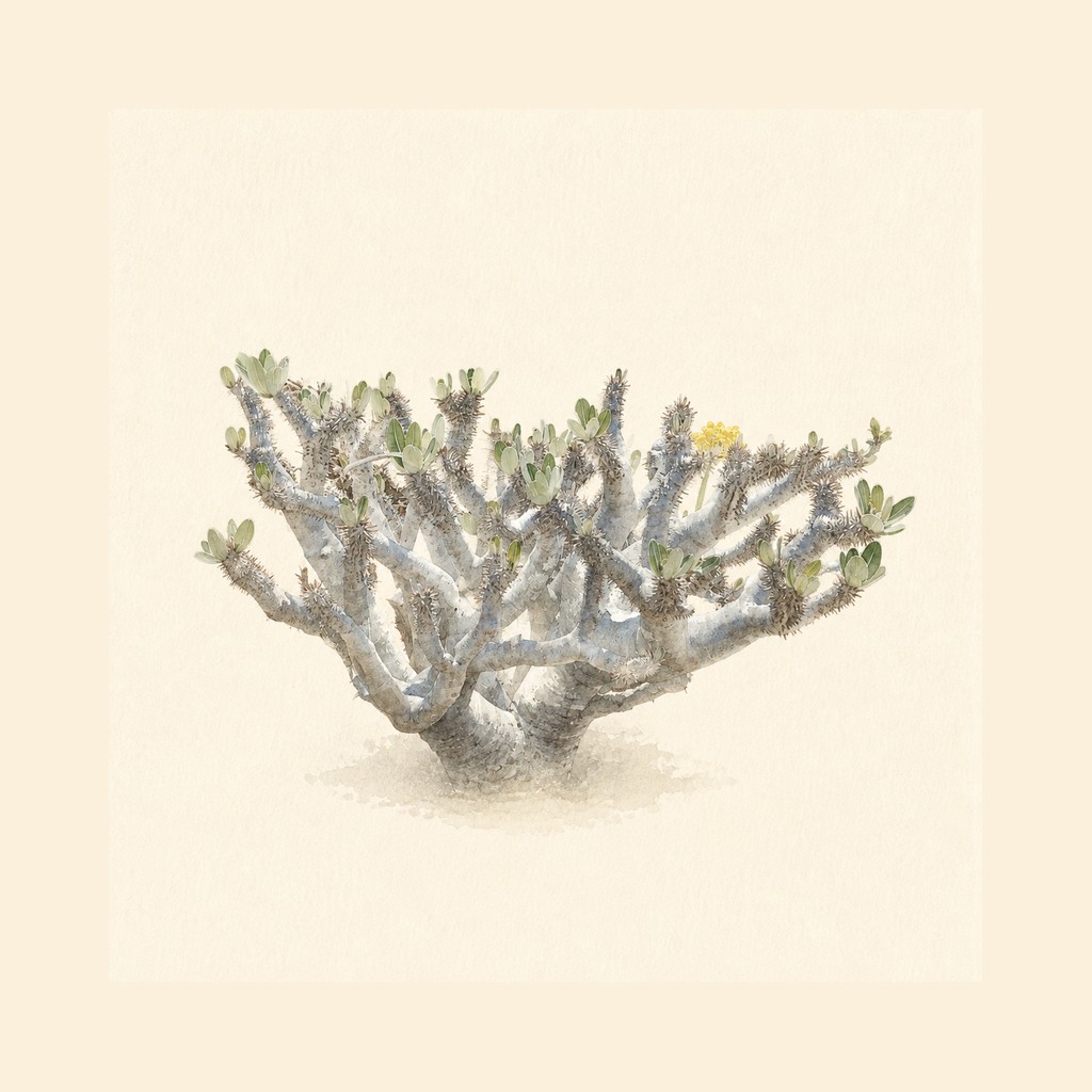 横に広がる枝と小葉、黄色い花を付けた参照株を描いた水彩イラスト