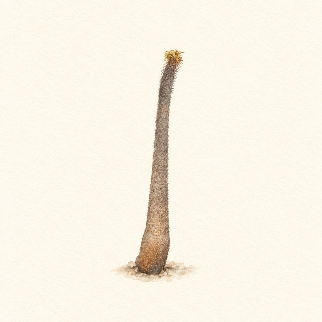 細長い一本の棘のある幹の先端に、黄褐色の小さな葉群を持つ参照株を描いた水彩イラスト