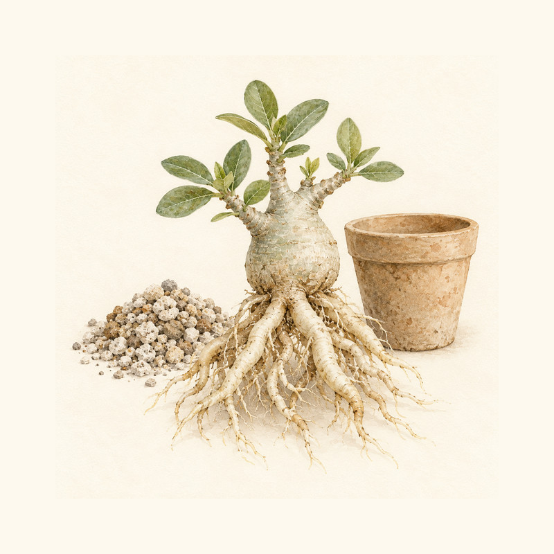 塊根植物の発根管理ガイドの水彩イラスト（生成イラスト・実在個体の写真ではありません）